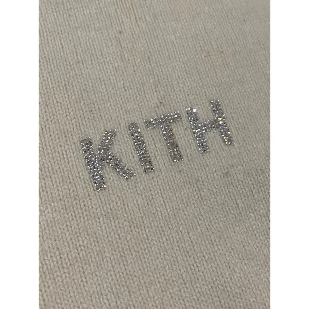 Kith Rhinestone Logo Scarf Cream Wool Cashmere Blend Knit Pointed Hem Unisex
